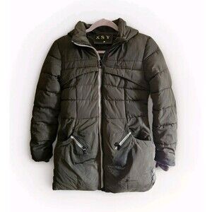 XSY Puffer Jacket Winter Coat Juniors Large L LG Olive Green Hooded Quilted Warm